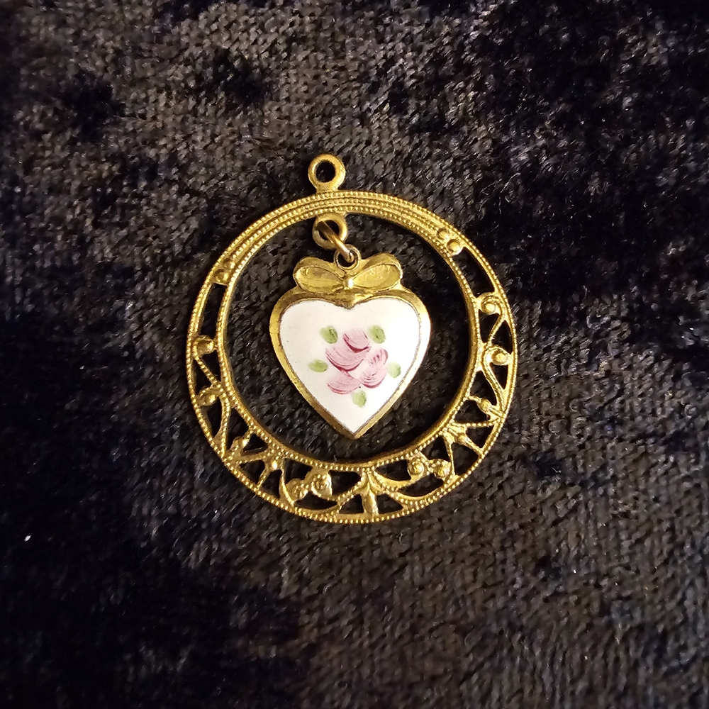 Vintage Guilloché Enamel Drop Heart Pendant with Filigree Frame